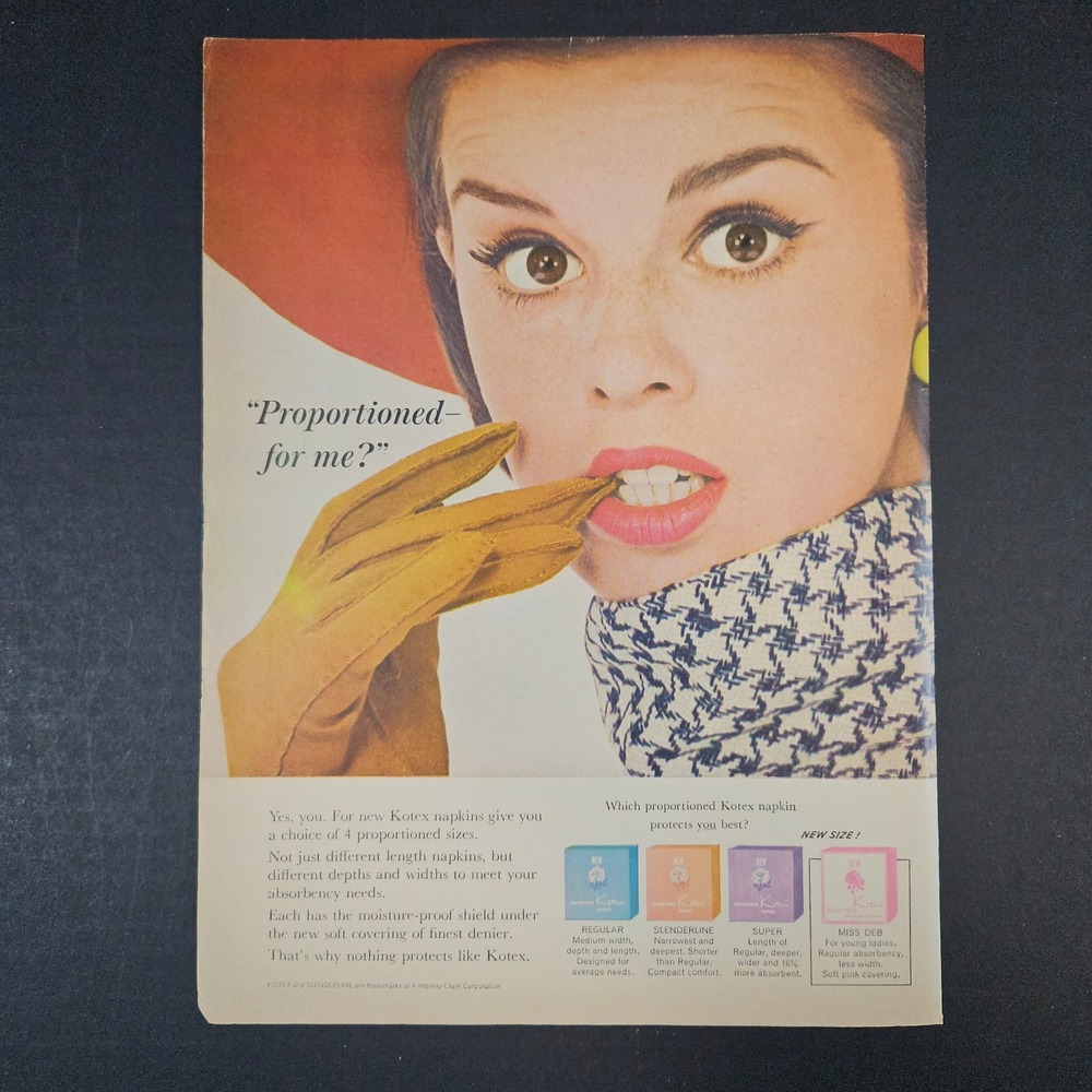 1964 Kotex Napkin Tampon Vintage Print Ad‎ Kimberly-Clark Slenderline Miss Deb